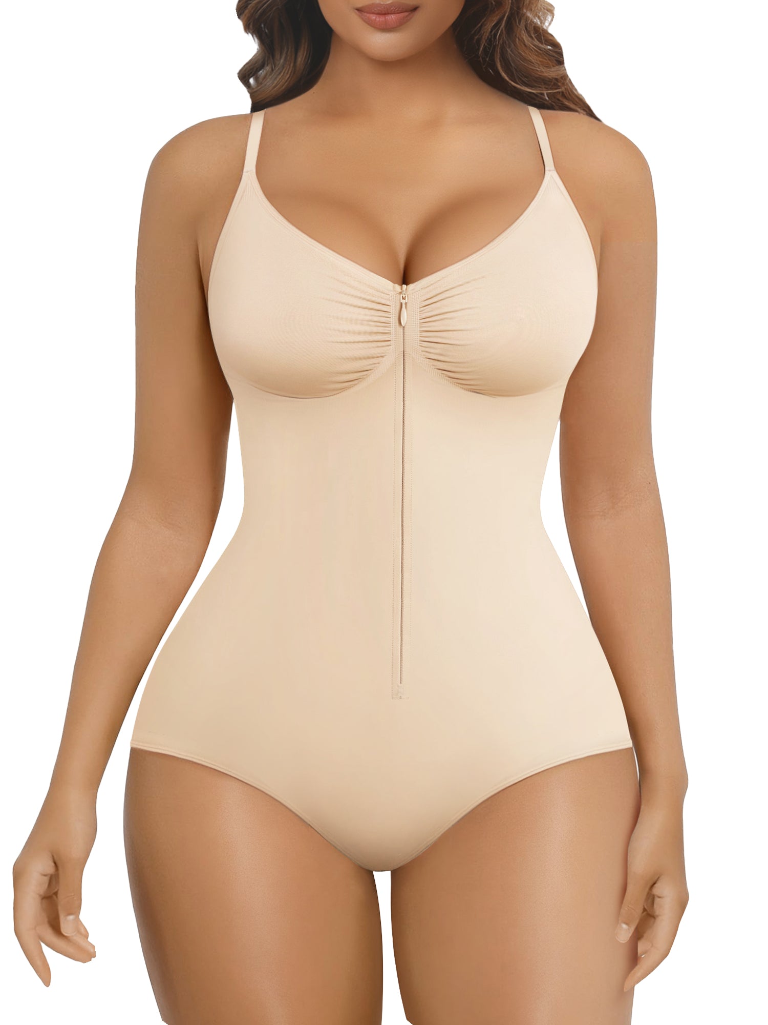 SHAPERX Zip-Up Tummy Control Brief Bodysuit – Beige / S/M