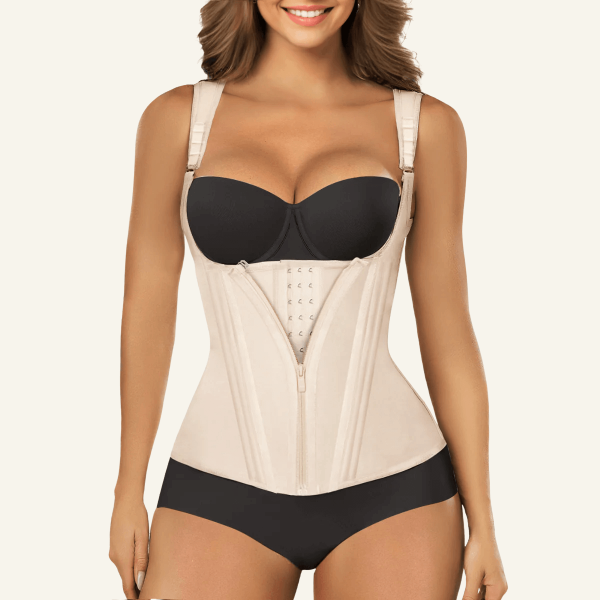 SHAPERX 15 Flexible Steel Bones Sport Waist Trainer with Shoulder Straps – Beige / XS