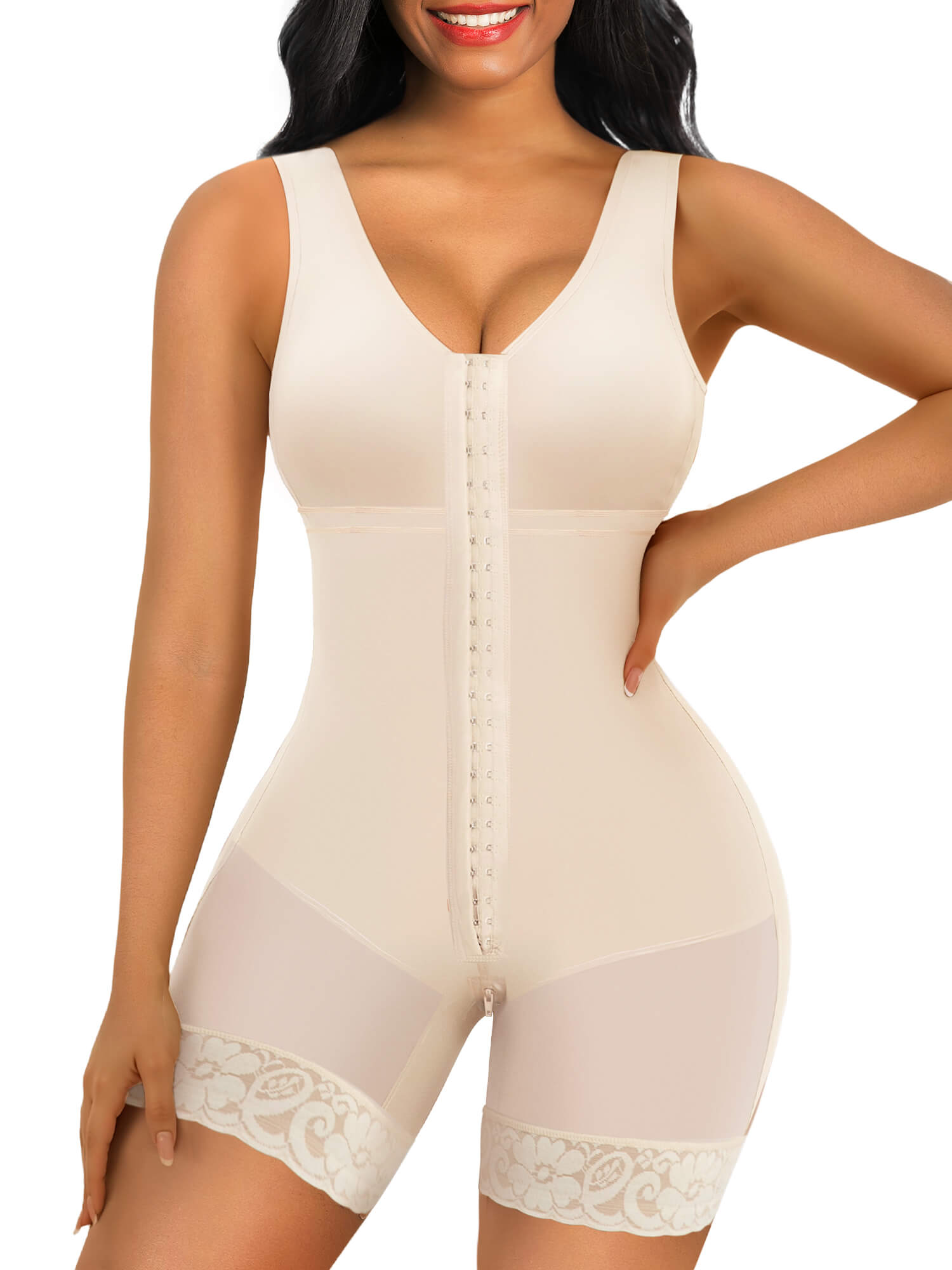 SHAPERX Full Body Hooked Faja Bodysuit with Zipper Crotch – Beige / L