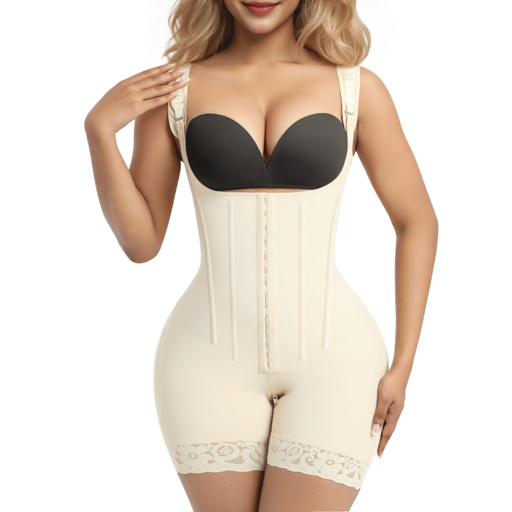 SHAPERX 6-Steel-Bones Hooked Faja Tummy Control Bodysuit with Butt Lift – Beige / S