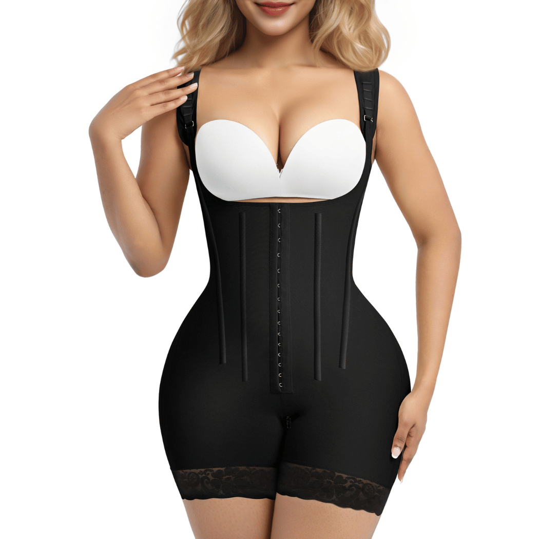 SHAPERX 6-Steel-Bones Hooked Faja Tummy Control Bodysuit with Butt Lift – Black / M