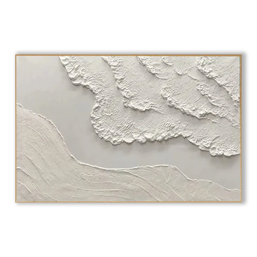 Silent Drift of White Shores-3D Textured Neutral Tone Wall Art – Minimalist Abstract Landscape Framed Decor for Modern Home
