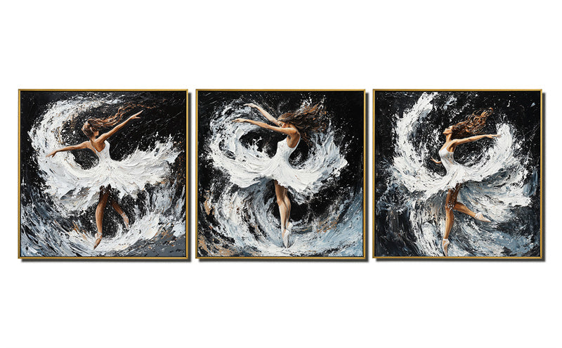 Grace in Motion: Ballet Triptych,3 – Panel Abstract Dancer & Water Splash Triptych Art