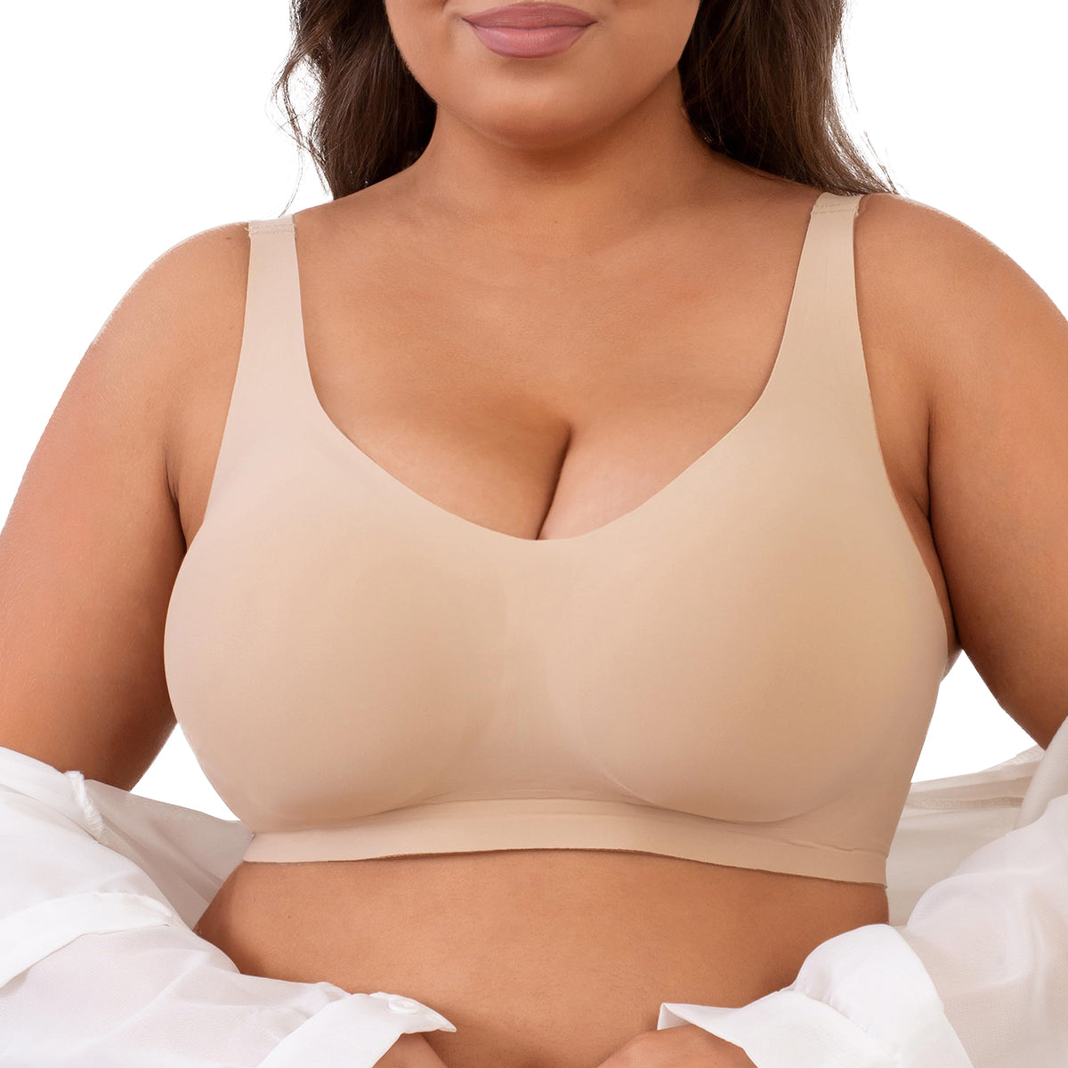 SHAPERX Seamless V-Neck Wireless Everyday Bra – Beige / 2XL