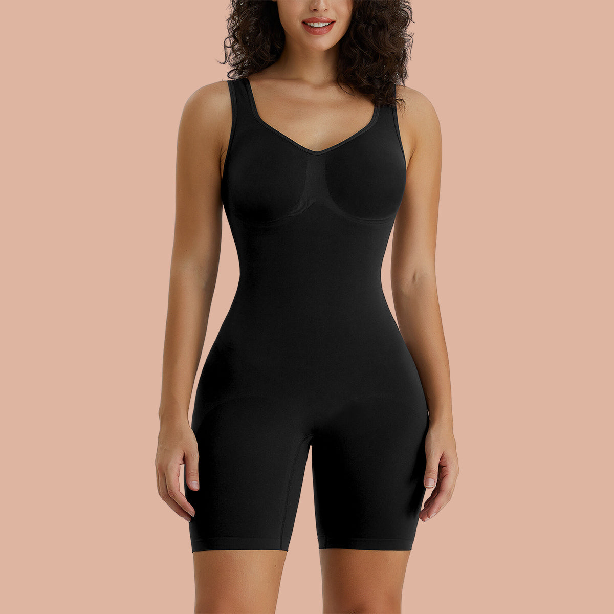 SHAPERX Seamless Wide Starps Mid-Thigh Bodysuit – Black / 2XL/3XL