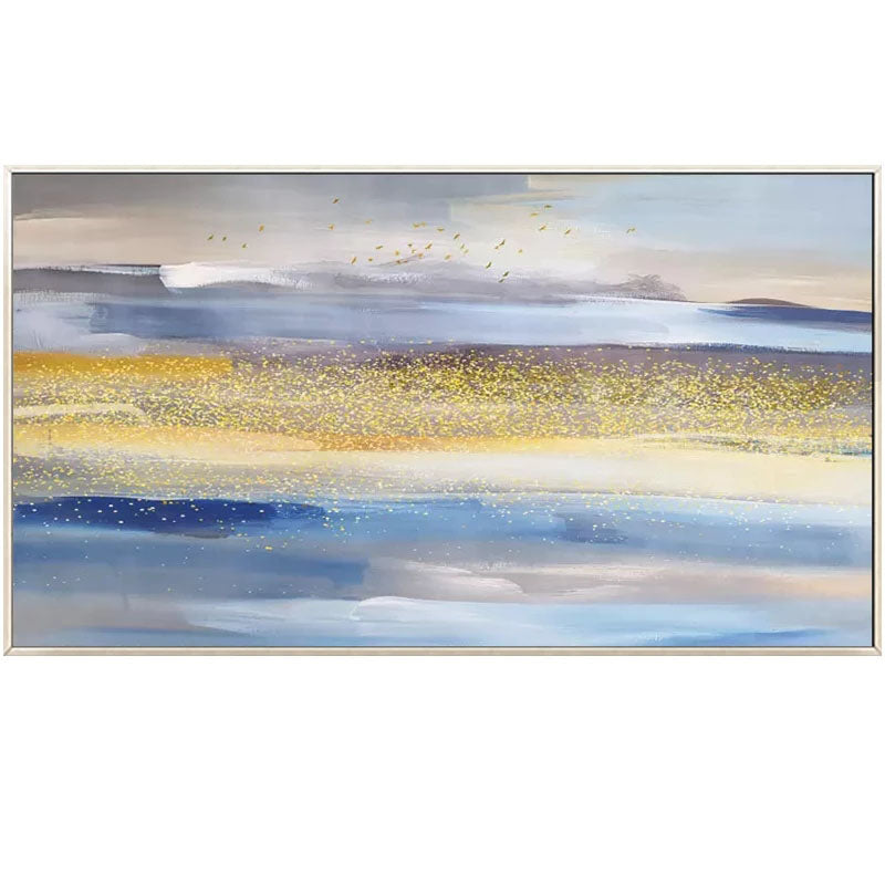 Golden Road – Abstract Landscape Oil Painting with Gold & Blue Tones, Tranquil Art for Home Decor