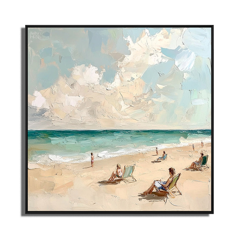 Tranquil Beach Moments-Impressionist Beach Oil Painting: People Relaxing on Sandy Shore