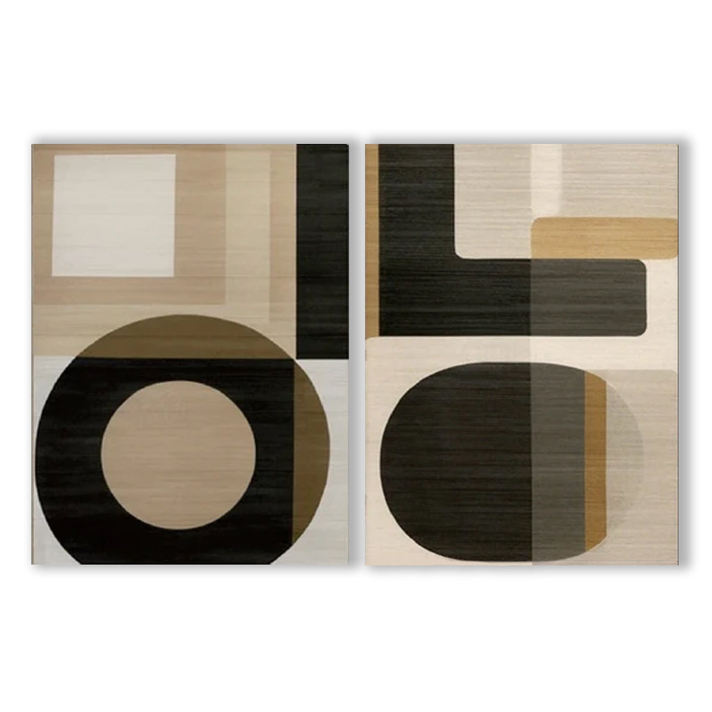 Geometric Harmony- Modern Minimalist Geometric Abstract Large Diptych Wall Art: Neutral Brown & Black Toned Framed Canvas Decor for Contemporary Interiors
