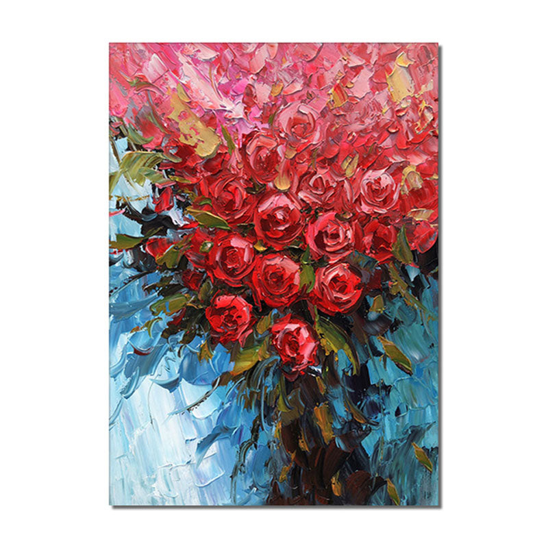 Red Roses-Palette Knife Red Rose Oil Painting – Vibrant Textured Floral Art with Blue Background