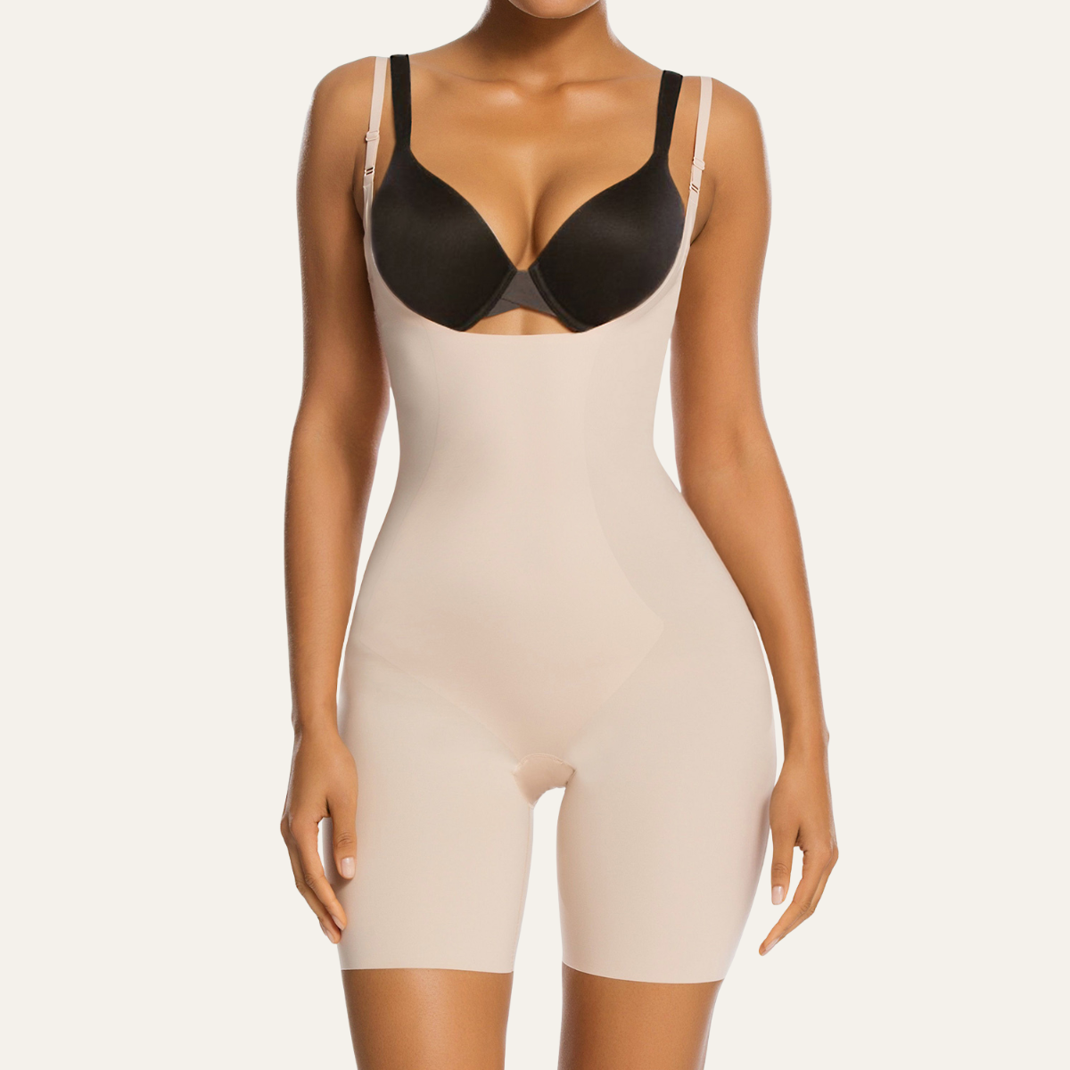 SHAPERX One-Piece Seamless Core-Sculpting Open-Bust Shorts Bodysuit – Beige / L