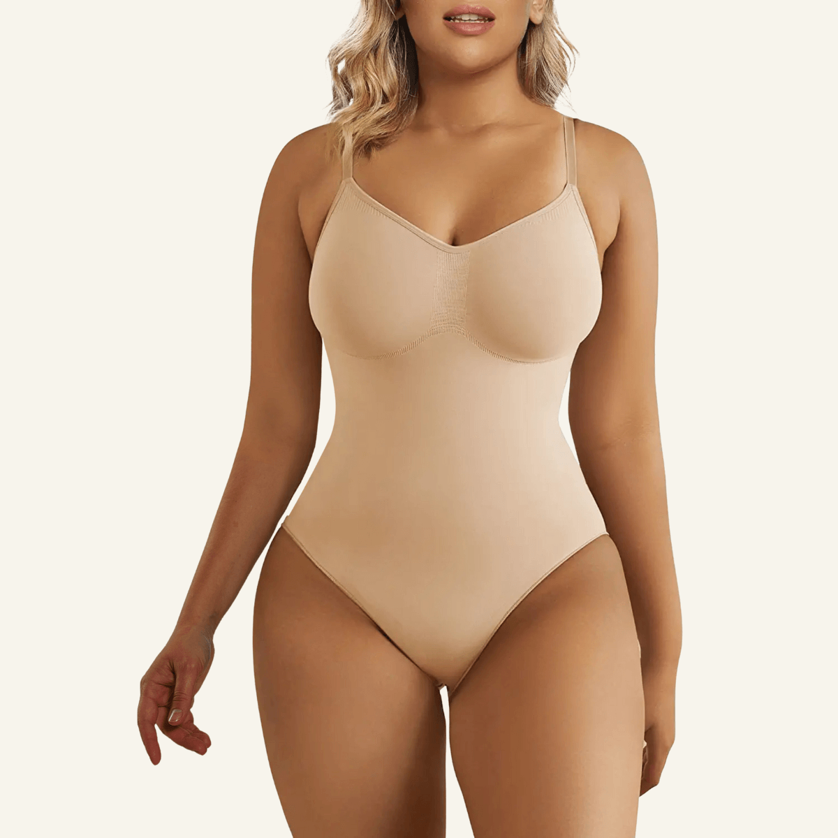 SHAPERX Seamless Adjustable Straps Tummy Control Thong Bodysuit – Beige / S/M