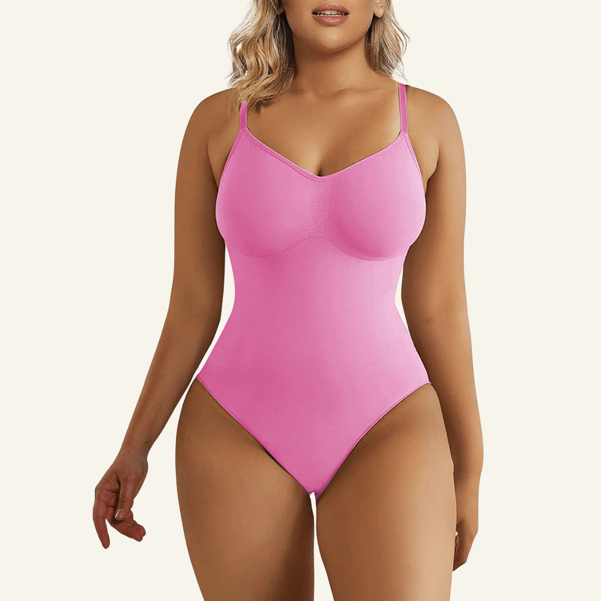 SHAPERX Seamless Adjustable Straps Tummy Control Thong Bodysuit – Pink / 2XL/3XL