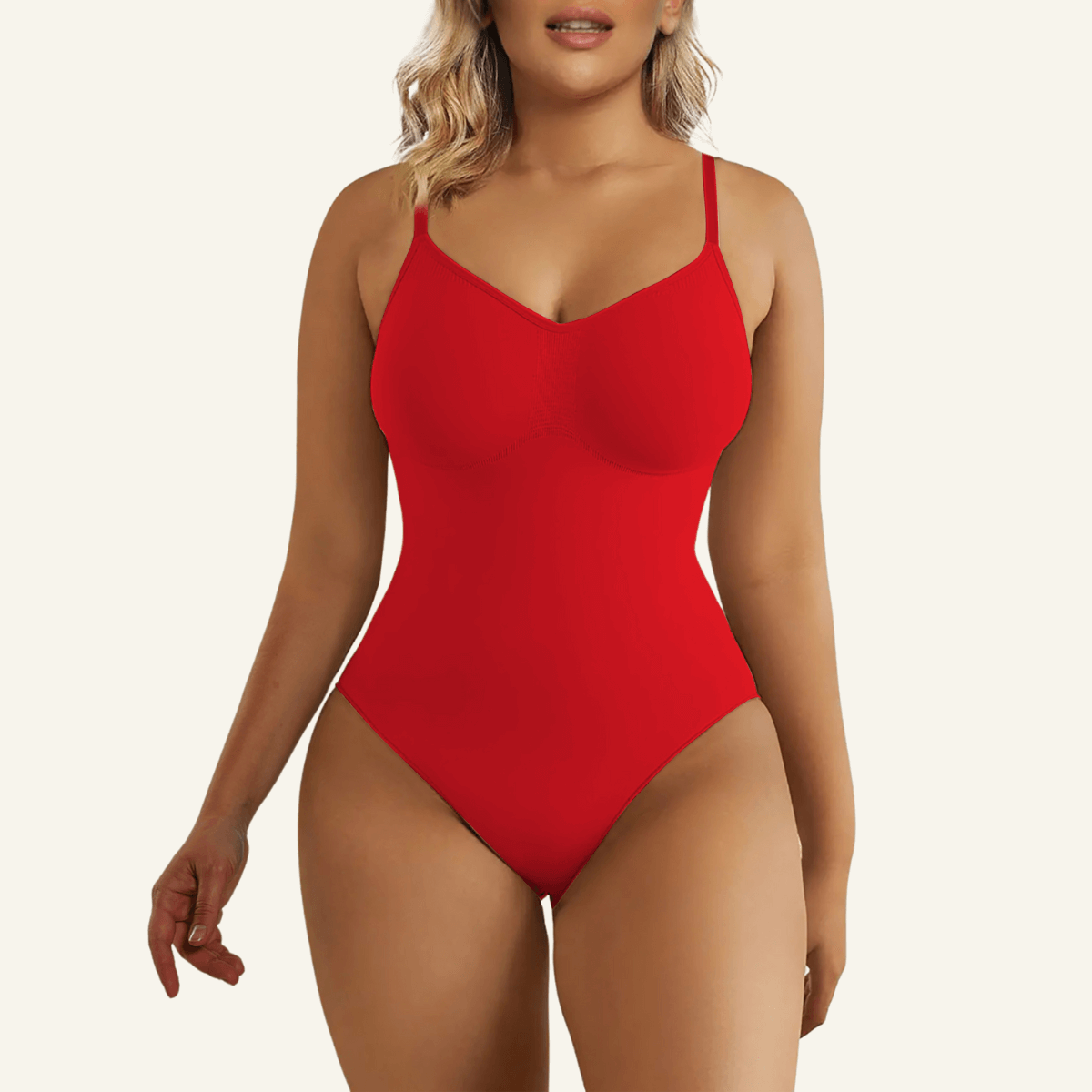 SHAPERX Seamless Adjustable Straps Tummy Control Thong Bodysuit – Red / L/XL