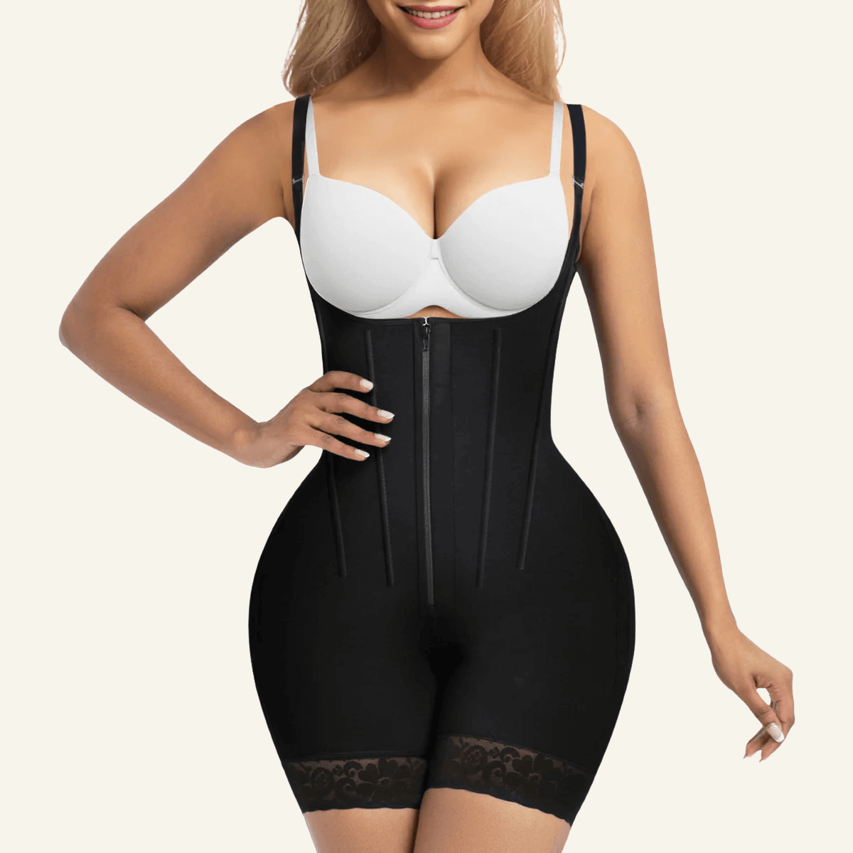 SHAPERX 6-Steel-Bones Tummy Control Zip & Hooks Faja with Butt Lift – Black / M