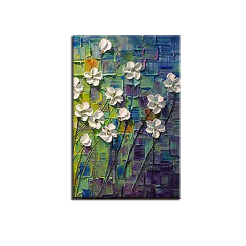White Flowers on Blue-Textured Impasto Oil Painting, Abstract White Floral Art for Home Wall Decor