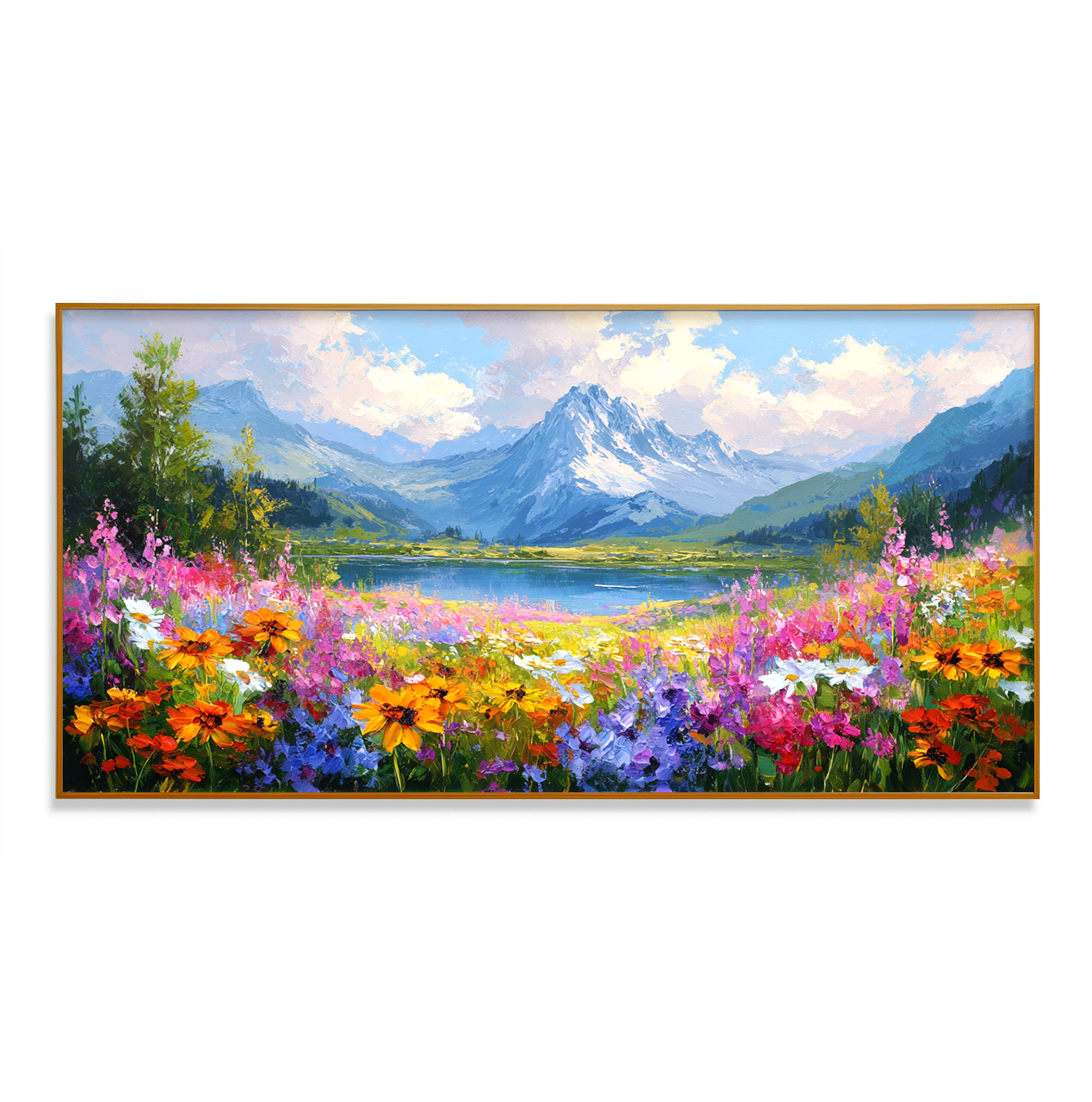 Alpine Bloom Horizon – Panoramic Mountain Lake Flower Field Oil Painting
