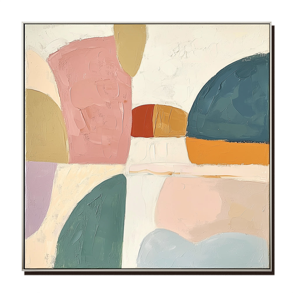 Harmonic Horizons-Abstract Geometric Oil Painting with Soft Muted Colors , Modern Wall Art for Living Room & Bedroom Home Decoration