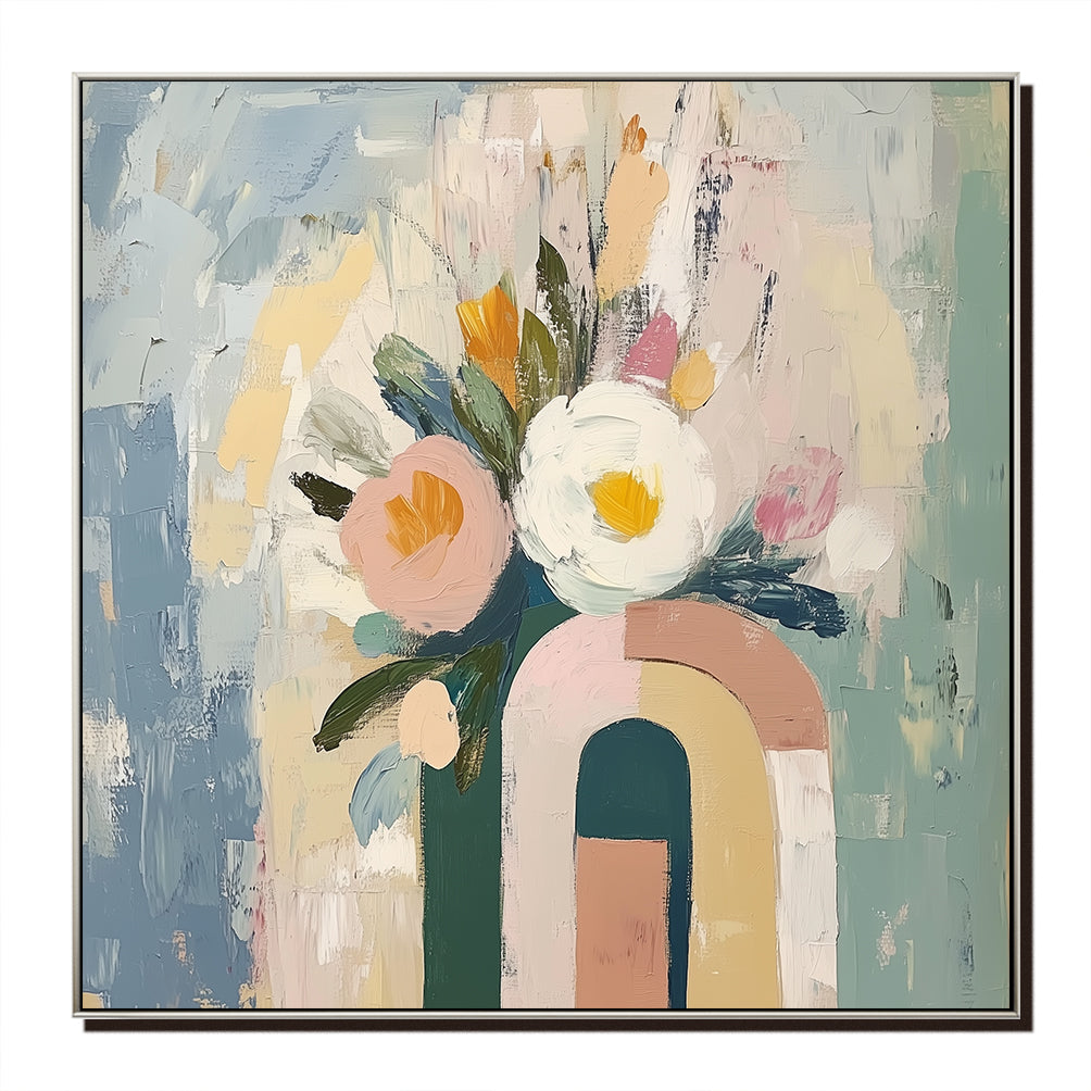 Blooming Archway-Abstract Floral Bouquet in Geometric Vase Oil Painting , Modern Home Decor for Living Room & Bedroom
