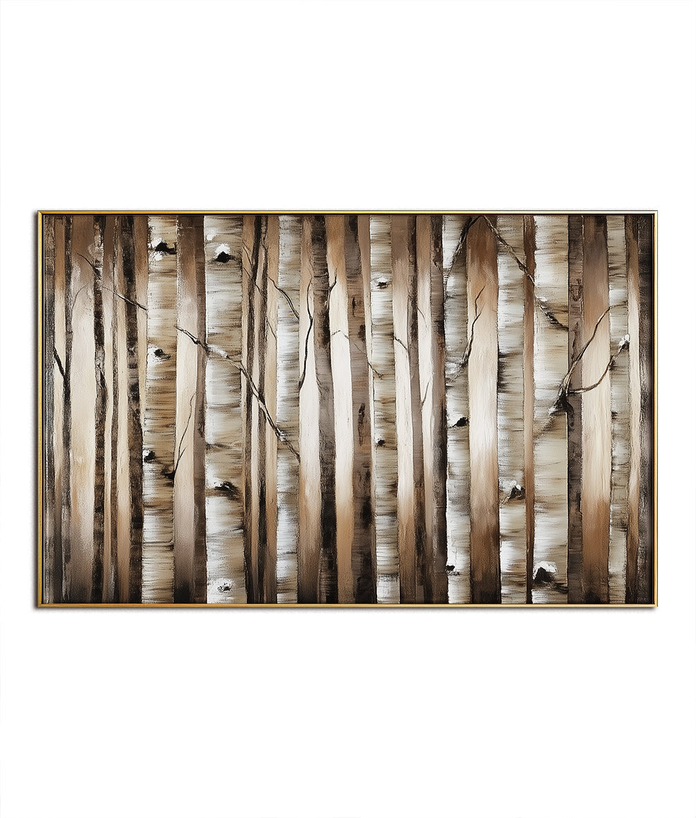 Forest Whispers – Natural Birch Tree Forest Oil Painting, Wooden Texture Wall Art for Living Room Decor