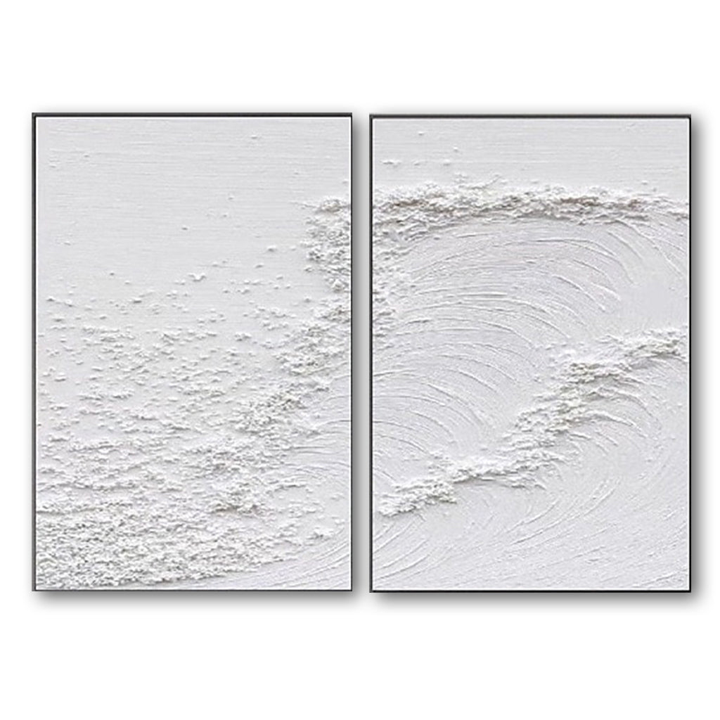 Frosted Tides-Set of 2 Minimalist White Textured Abstract Oil Paintings