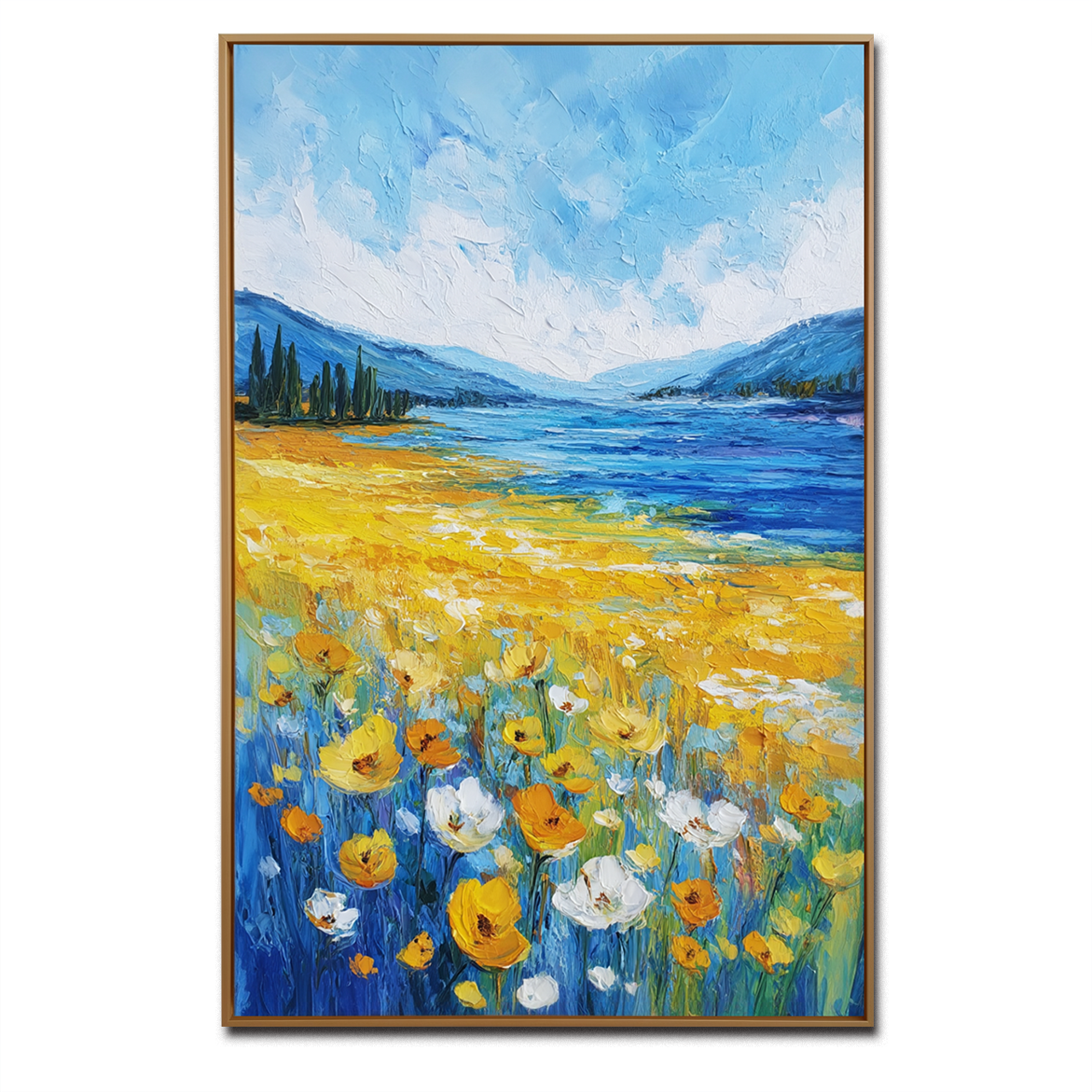 Fields of Light – Yellow Wildflower Landscape Painting Blue Lake & Mountain Wall Art
