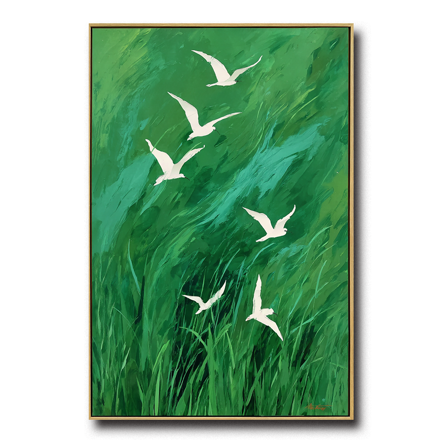 Flight Over Meadow – Large Abstract Green Wall Art with Flying Birds Modern Decor