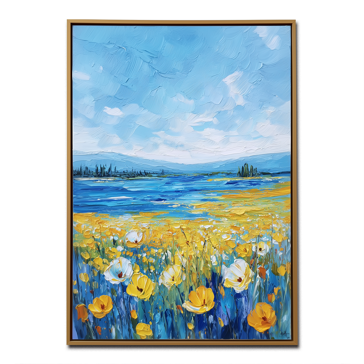 Whispers of Summer – Blue Lake and Yellow Field Floral Painting Textured Summer Landscape Art