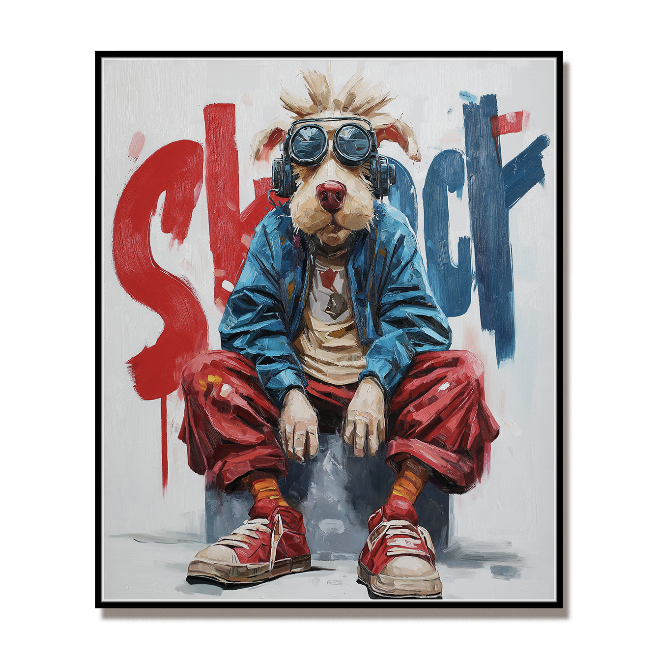 Chill Mode – Pop Art Dog Oil Painting, Urban Street Style Animal Wall Art for Modern Interiors